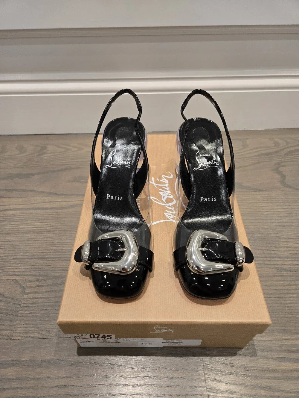 $1495 Christian Louboutin Black Minny Bubble 70 Buckle Slingback Pump 37.5 /7.5